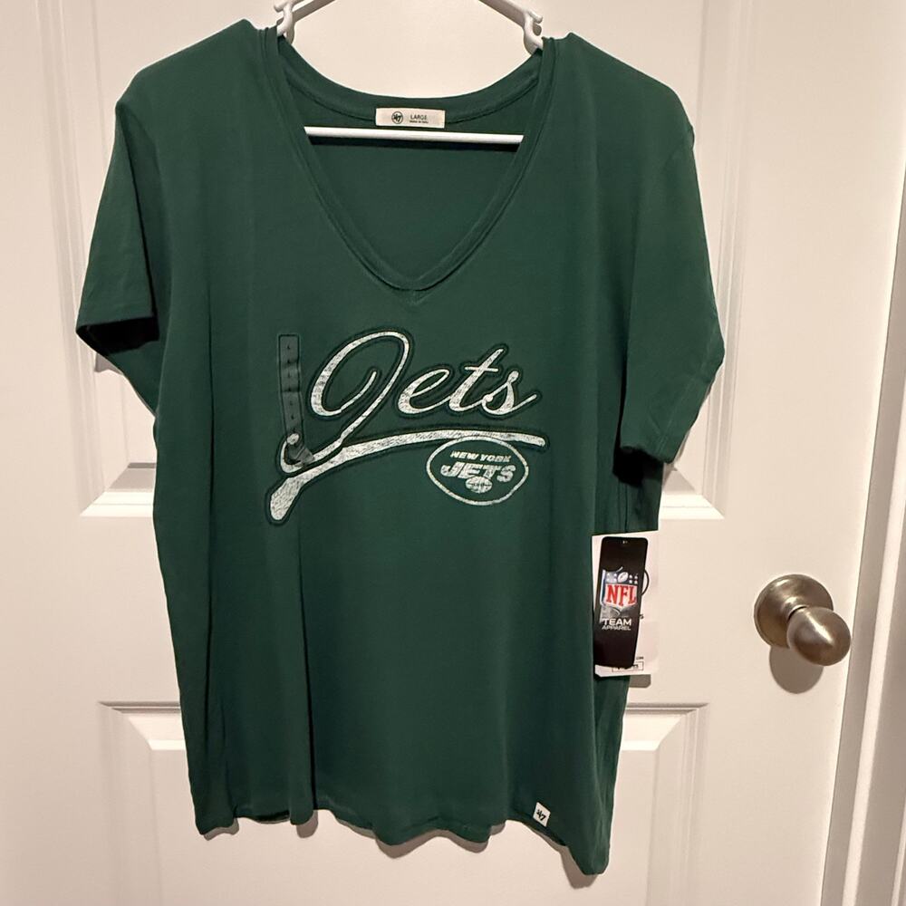 New York Jets ’47 Brand Women's Size Large V Neck T Shirt Green NFL Football NWT